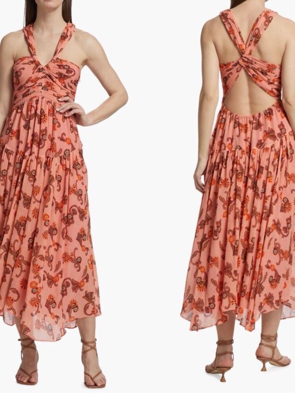 A.L.C. Pink Coral Paisley Twist-Back Maxi Dress
